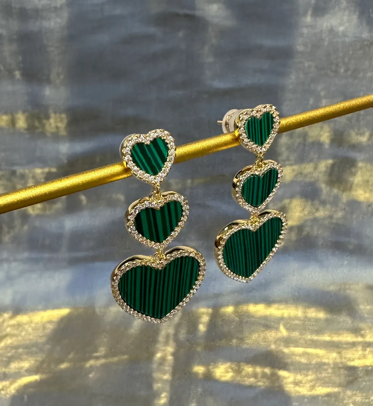 Green Gold Triple-Heart Drop Malachite-Effect Stone Earrings 8