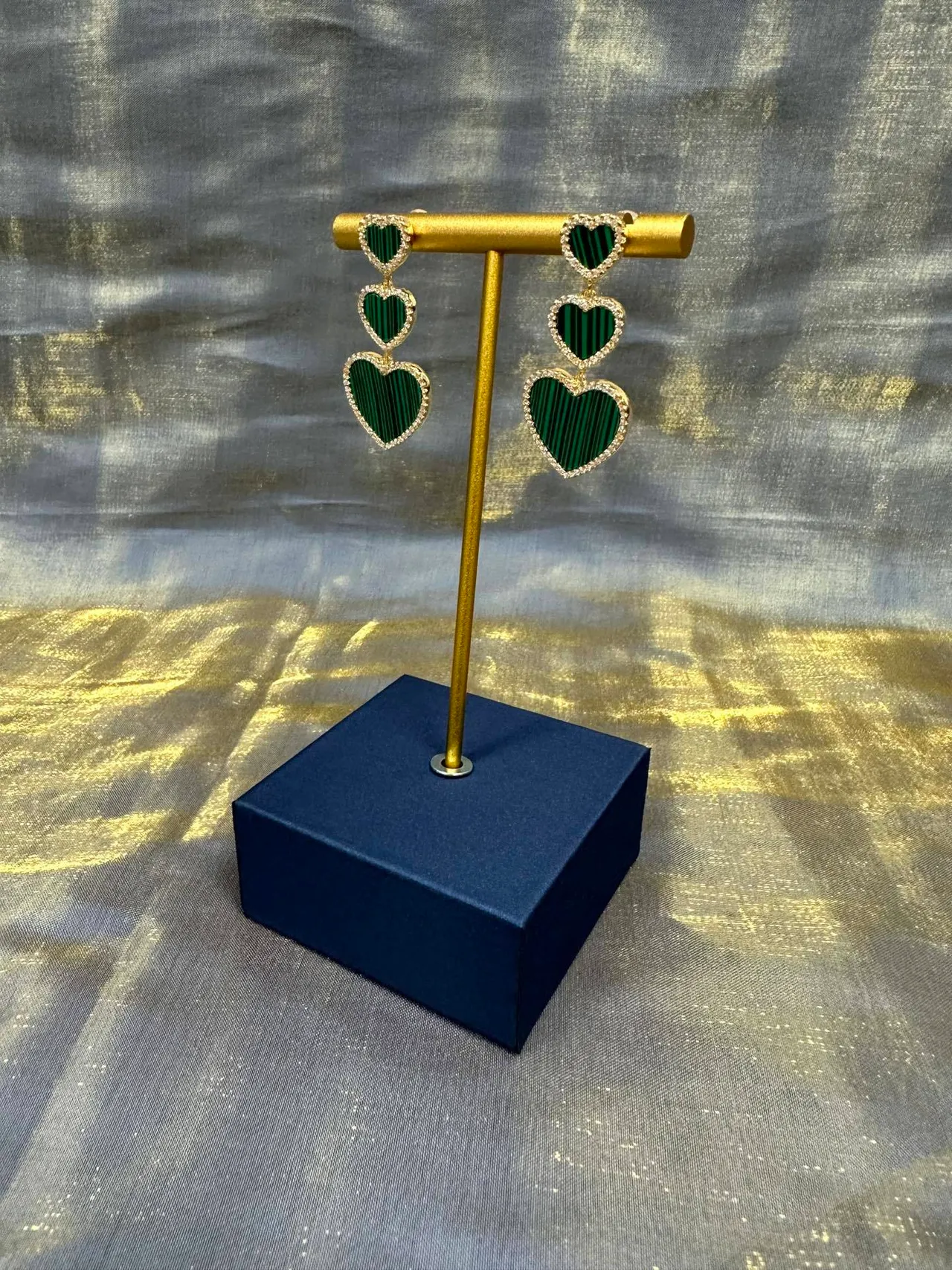 Green Gold Triple-Heart Drop Malachite-Effect Stone Earrings 9