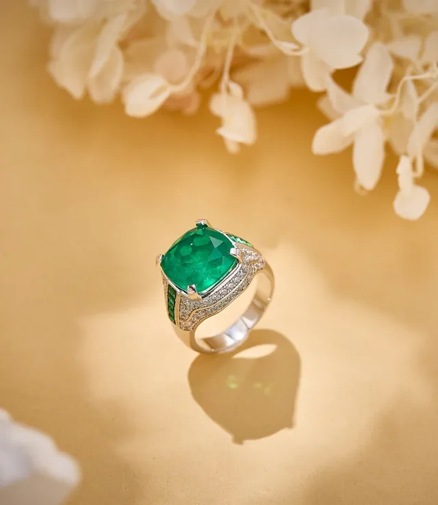 Bague Halo Diamant Pavé Émeraude Centrale Taille Cushion-Cut Argent Vert 2