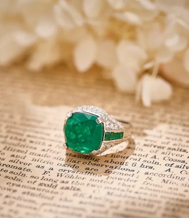 Bague Halo Diamant Pavé Émeraude Centrale Taille Cushion-Cut Argent Vert 3