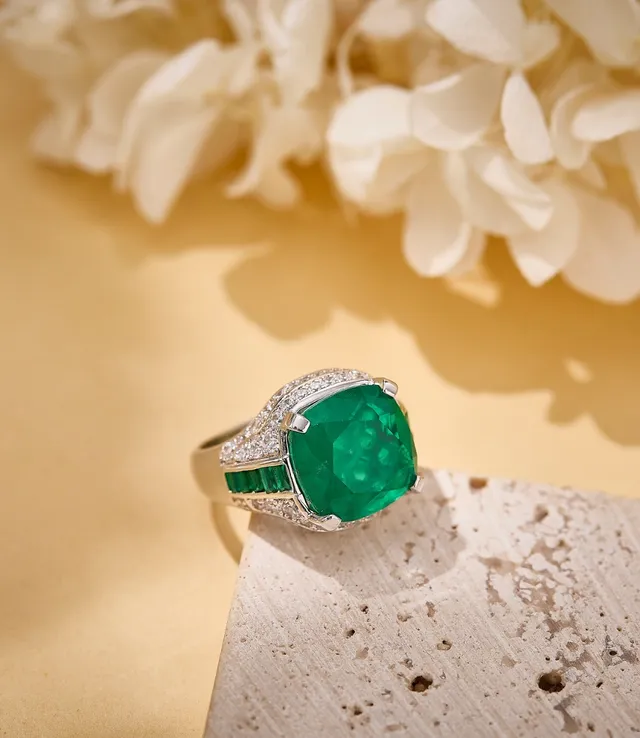Bague Halo Diamant Pavé Émeraude Centrale Taille Cushion-Cut Argent Vert 5