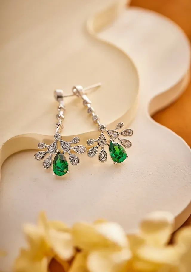 Green Silver Dangling Floral Motif Earrings 5
