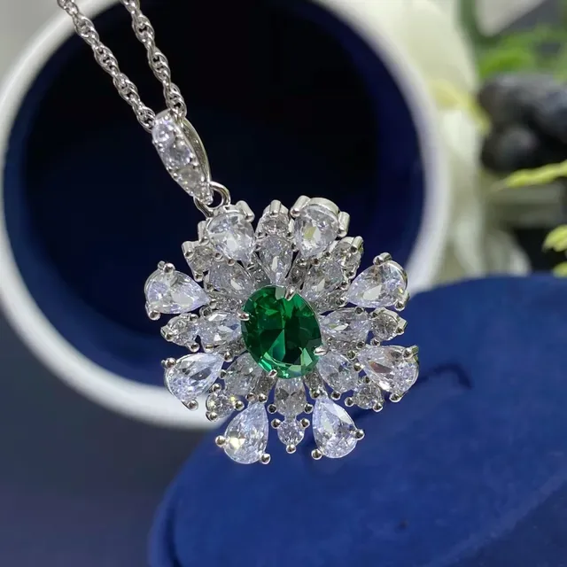Green Silver Floral Cluster Pendant Oval Center Stone Necklace 2