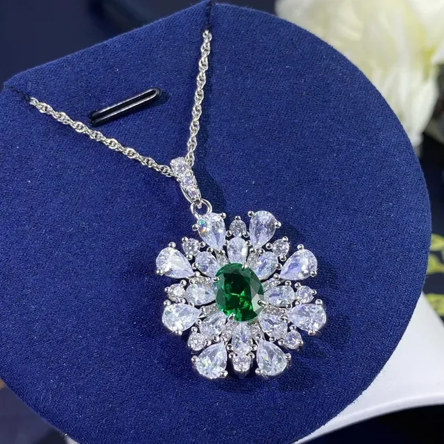 Green Silver Floral Cluster Pendant Oval Center Stone Necklace 3