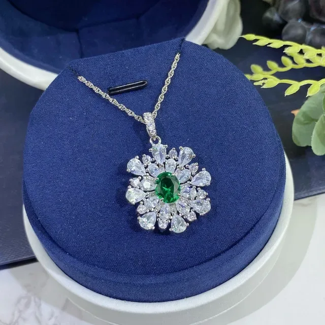 Green Silver Floral Cluster Pendant Oval Center Stone Necklace 5