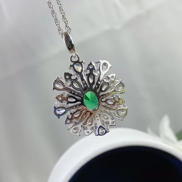 Green Silver Floral Cluster Pendant Oval Center Stone Necklace 6