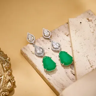 Green Silver Three-Tier Drop Teardrop-Cut Clear Stones Earrings
