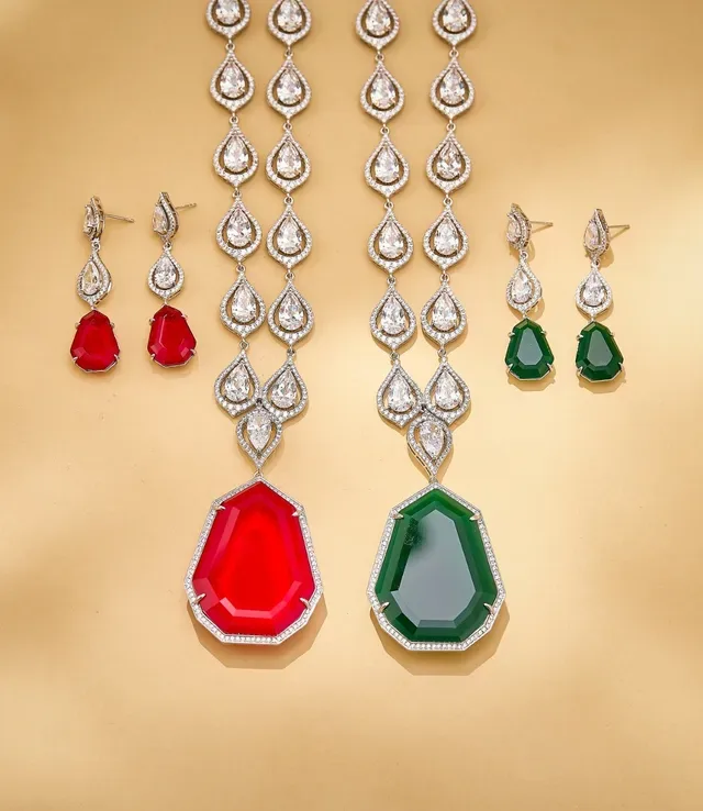Green Silver Three-Tier Drop Teardrop-Cut Clear Stones Earrings 3