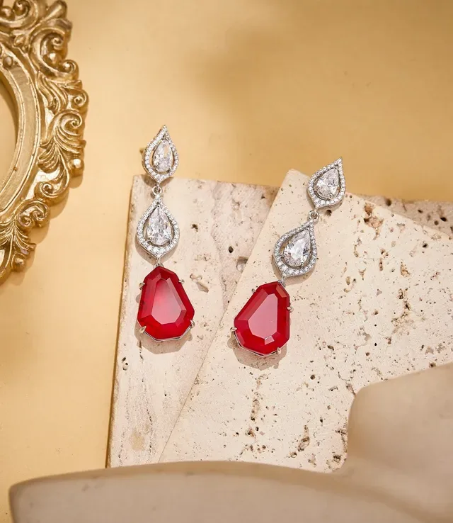 Green Silver Three-Tier Drop Teardrop-Cut Clear Stones Earrings 4