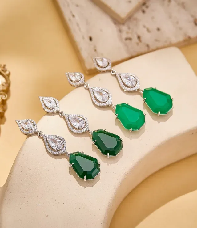 Green Silver Three-Tier Drop Teardrop-Cut Clear Stones Earrings 5