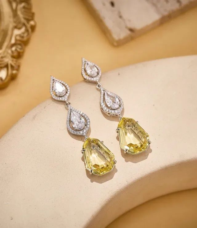 Green Silver Three-Tier Drop Teardrop-Cut Clear Stones Earrings 6
