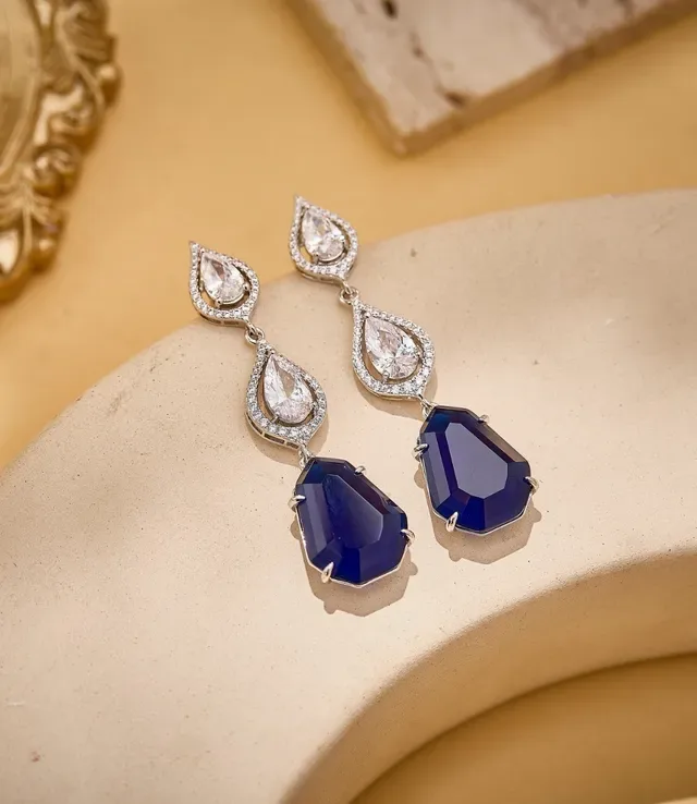 Green Silver Three-Tier Drop Teardrop-Cut Clear Stones Earrings 7