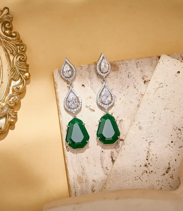 Green Silver Three-Tier Drop Teardrop-Cut Clear Stones Earrings 8