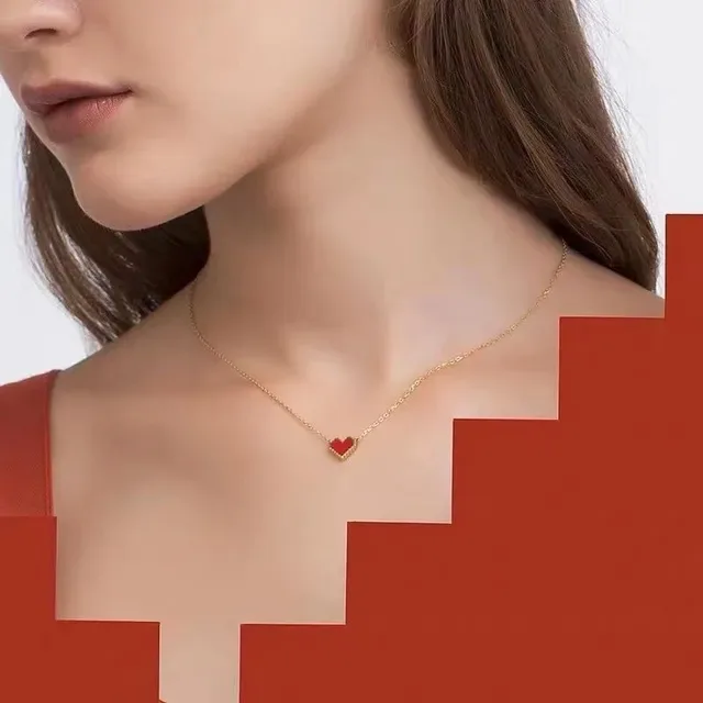 HEFANG Gold Red Pixel-Art Heart Pendants Chain Necklace 4