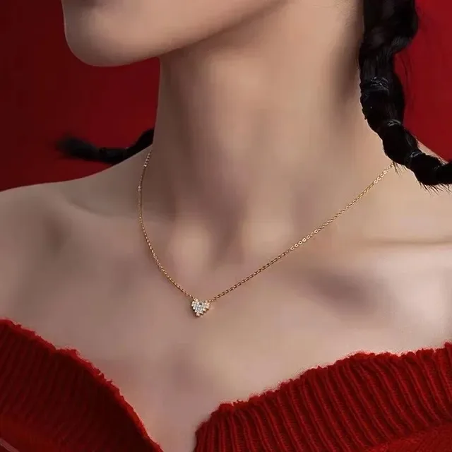 HEFANG Gold Red Pixel-Art Heart Pendants Chain Necklace 5