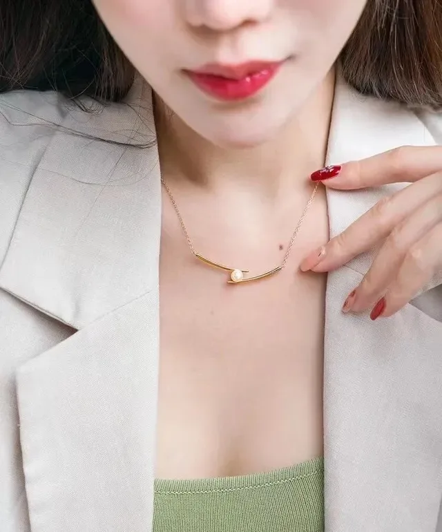 HEFANG Gold White Bar Pendant Single Freshwater Pearl Necklace 4