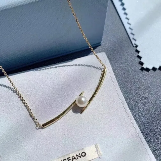 HEFANG Gold White Bar Pendant Single Freshwater Pearl Necklace 7