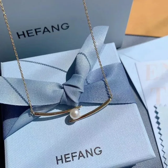 HEFANG Gold White Bar Pendant Single Freshwater Pearl Necklace 9