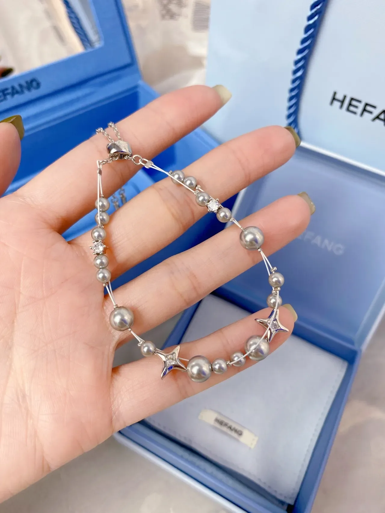 HEFANG Pearl and Star Charm Silver-Tone Bracelet 9