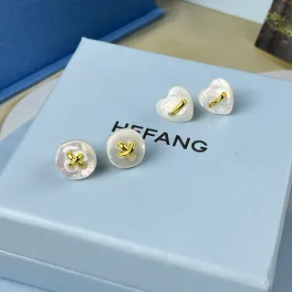 HEFANG Pearlescent Shell and Gold-Tone X-Bar Heart and Circular Stud Earrings