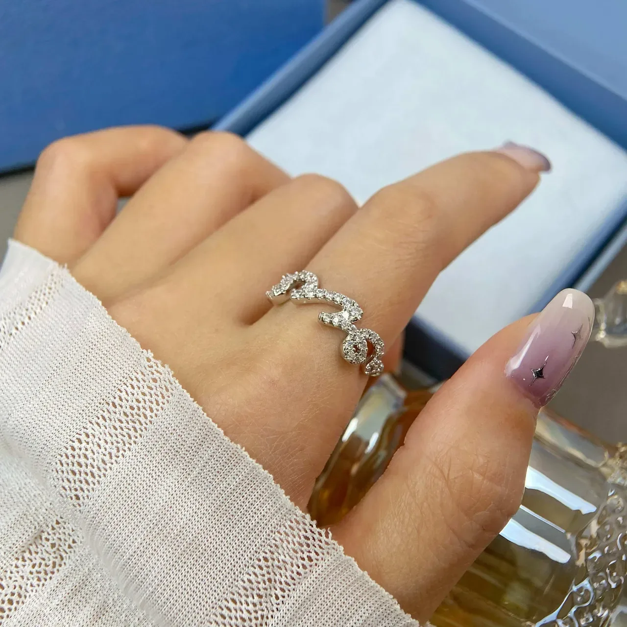 HEFANG Silver White Open Band Pavé Crystal Embellishment Ring 2