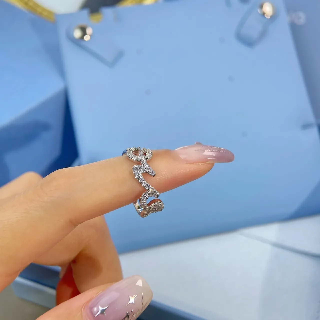 HEFANG Silver White Open Band Pavé Crystal Embellishment Ring 3