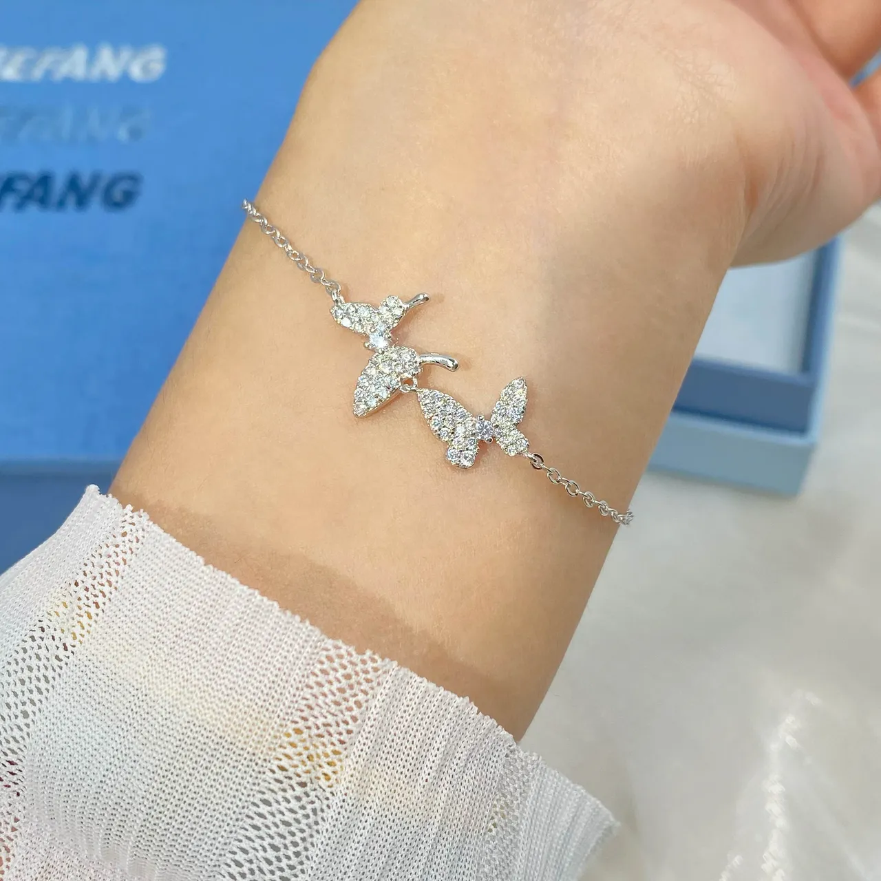 HEFANG Triple Butterfly Pavé Crystal Silver Necklace 2