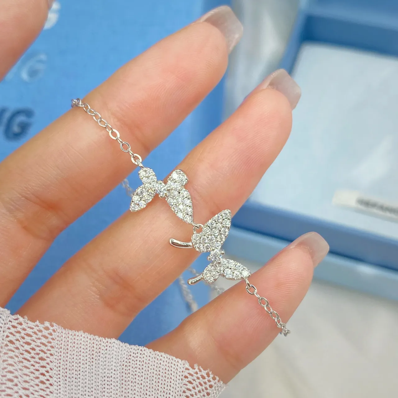 HEFANG Triple Butterfly Pavé Crystal Silver Necklace 3