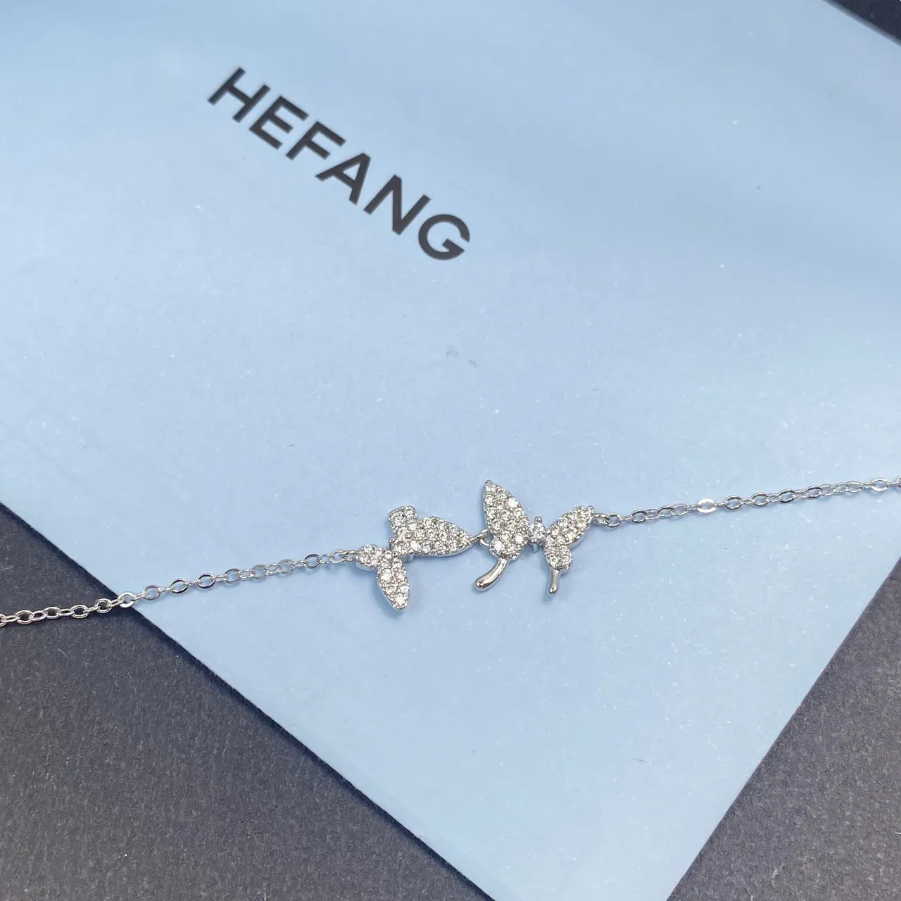 HEFANG Triple Butterfly Pavé Crystal Silver Necklace 7