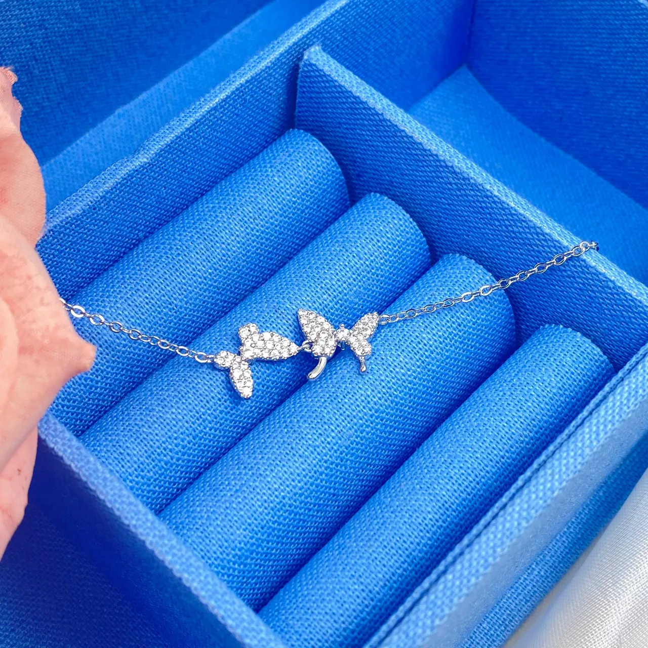 HEFANG Triple Butterfly Pavé Crystal Silver Necklace 9