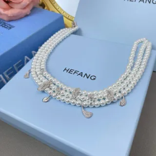 HEFANG Argent Blanc Collier Multi-Strand Perles Cristal en Forme de Plume