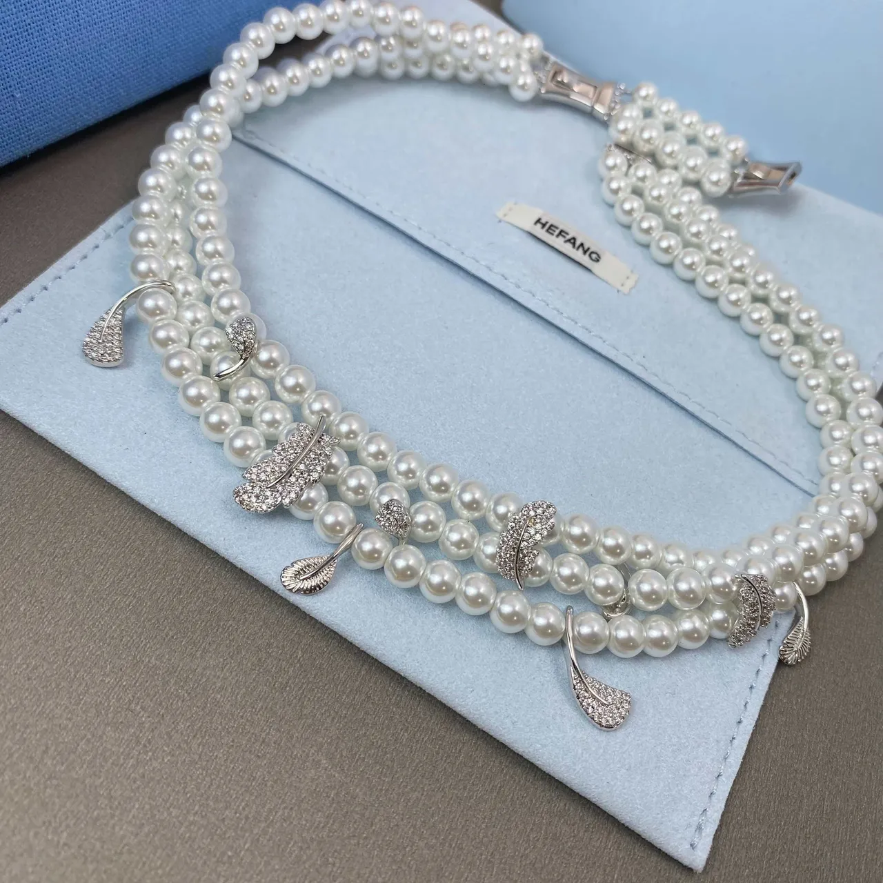HEFANG White Silver Multi-Strand Pearl Feather-Shaped Crystal Charms Necklace 3