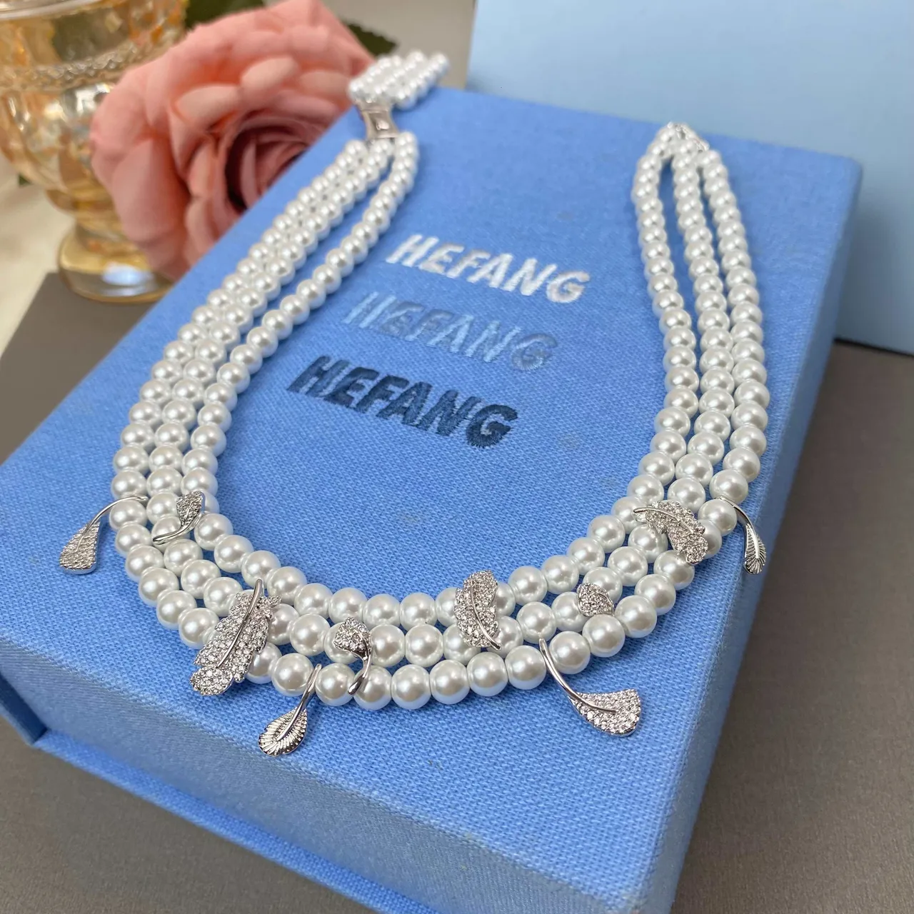 HEFANG White Silver Multi-Strand Pearl Feather-Shaped Crystal Charms Necklace 4
