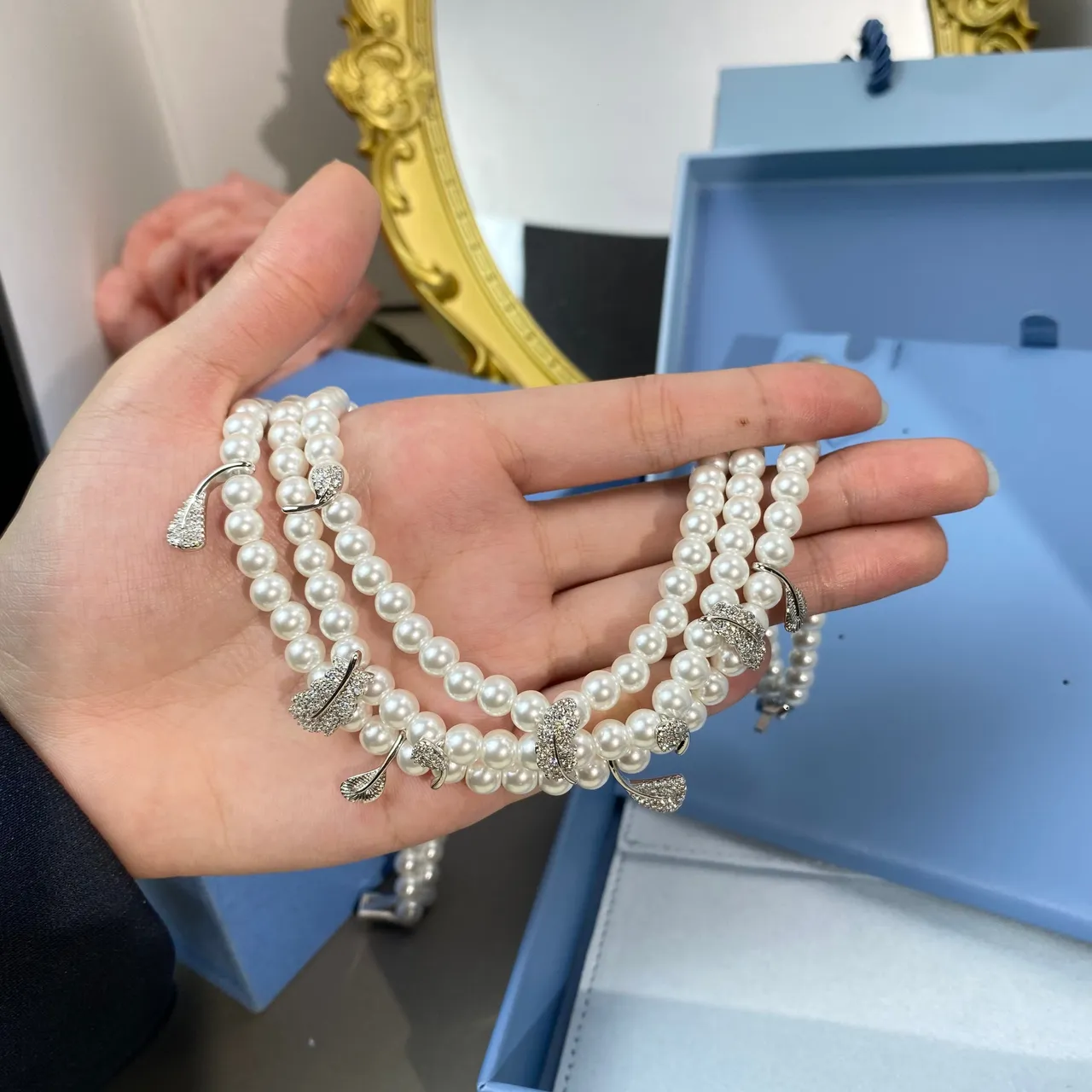 HEFANG White Silver Multi-Strand Pearl Feather-Shaped Crystal Charms Necklace 6