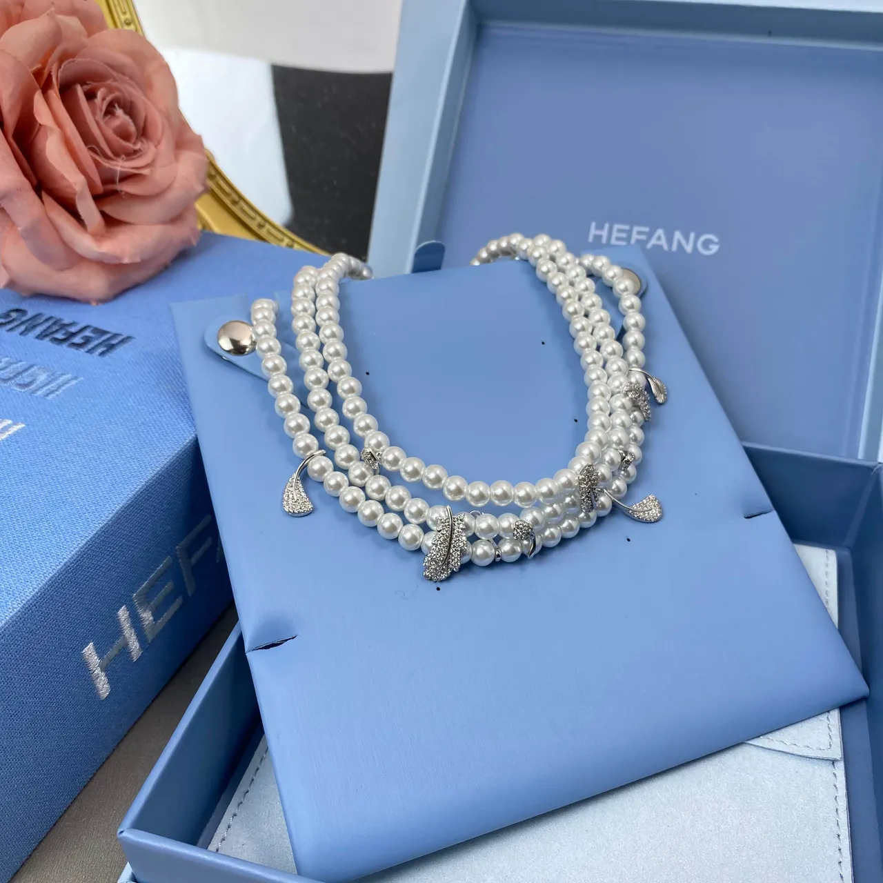 HEFANG White Silver Multi-Strand Pearl Feather-Shaped Crystal Charms Necklace 8
