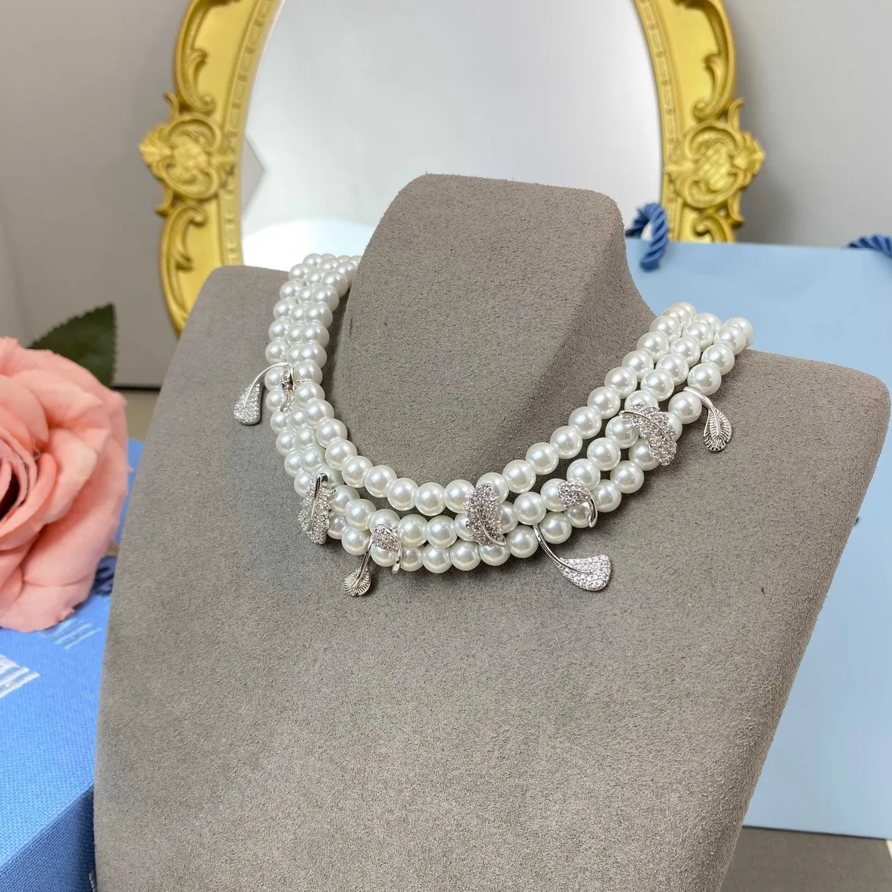 HEFANG White Silver Multi-Strand Pearl Feather-Shaped Crystal Charms Necklace 9