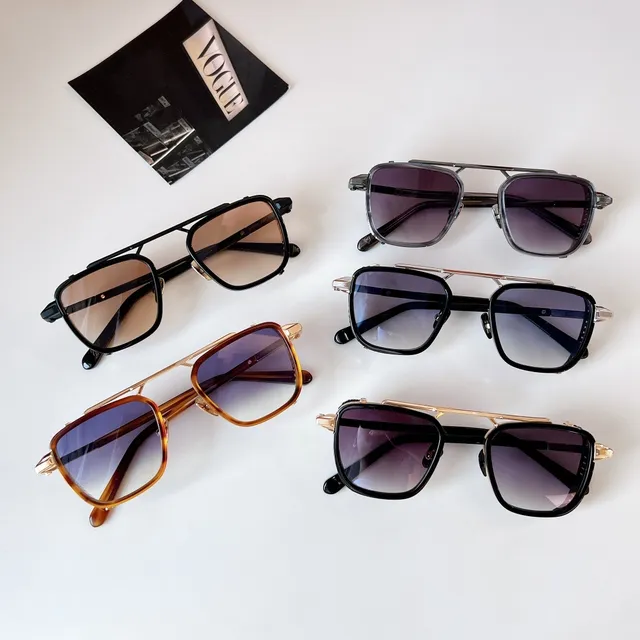 John Dalia 'Scotty' Brown Beige Aviator-Inspired Rectangular Frame Double Bridge Sunglasses 8