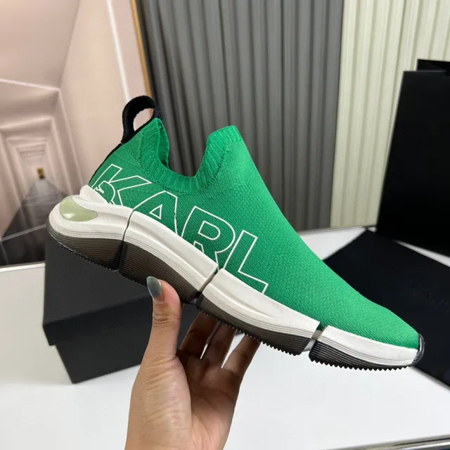 Karl Lagerfeld Green White Knit Slip-On Bold Logo Print Lifestyle Sneakers 4