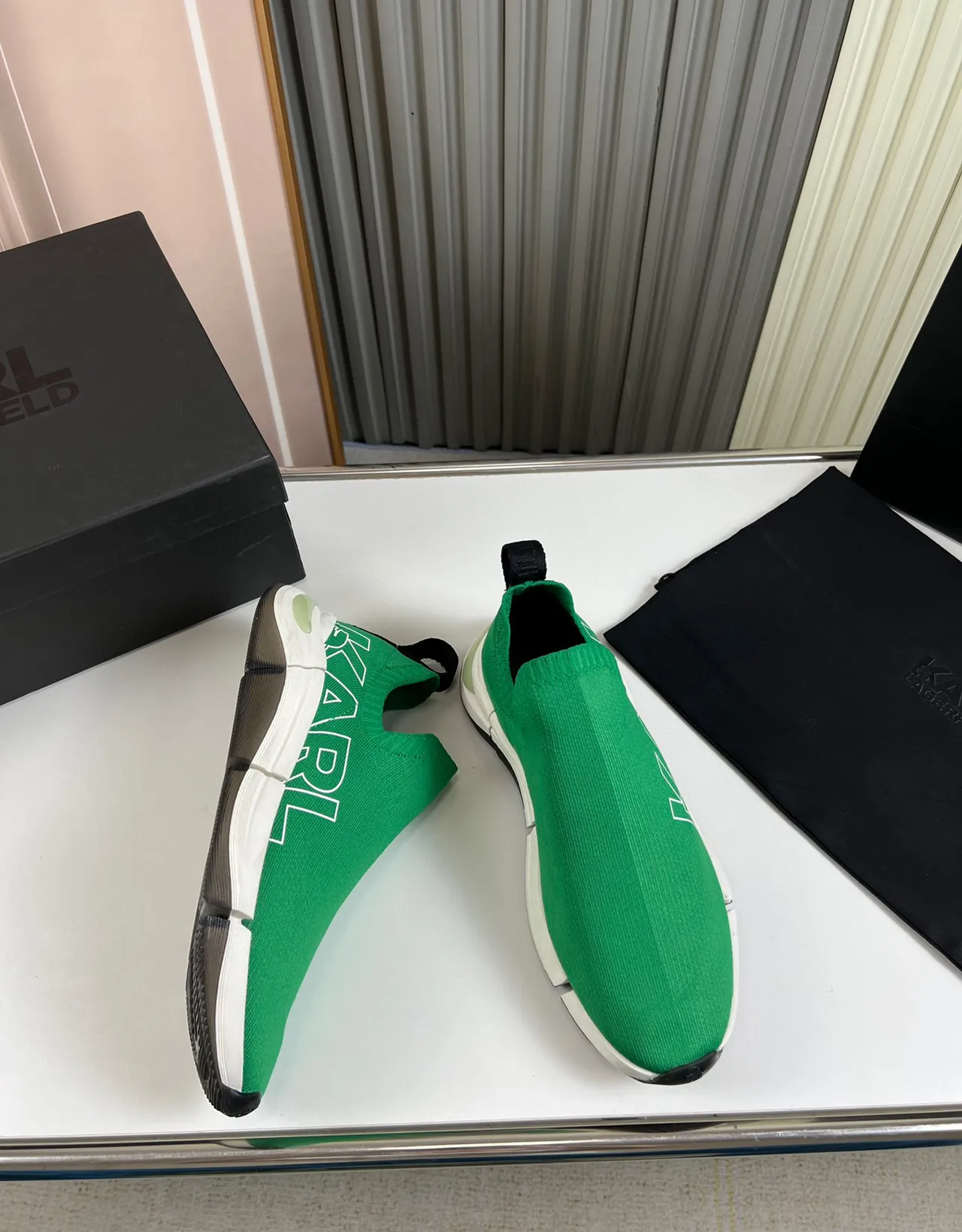 Karl Lagerfeld Green White Knit Slip-On Bold Logo Print Lifestyle Sneakers 5