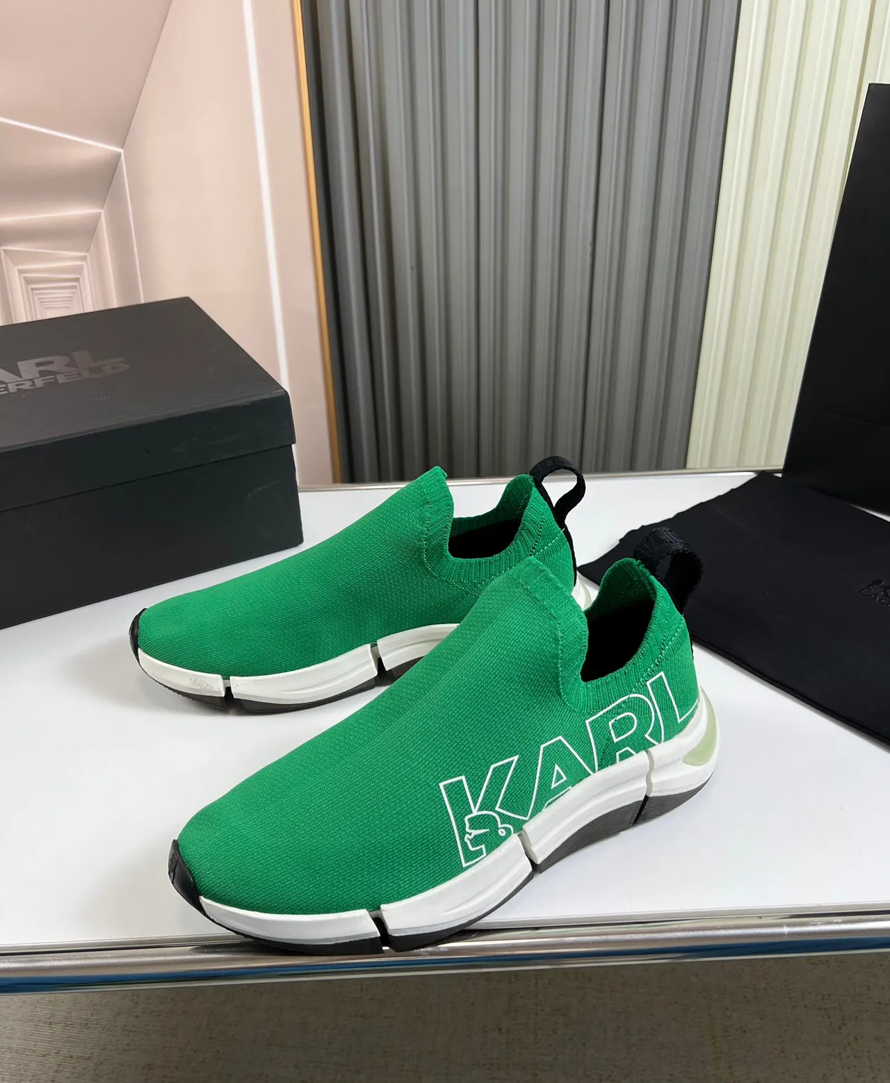 Karl Lagerfeld Green White Knit Slip-On Bold Logo Print Lifestyle Sneakers 8