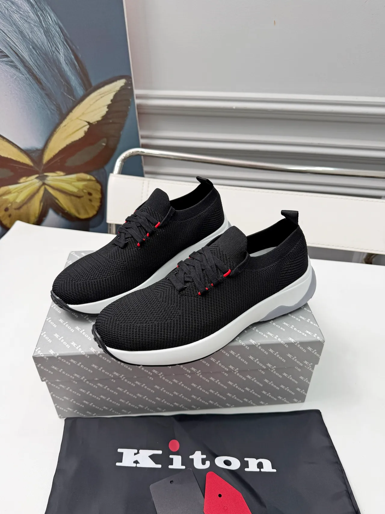 Kiton Black White Knit Upper Slip-On Hybrid Lifestyle Sneakers 5