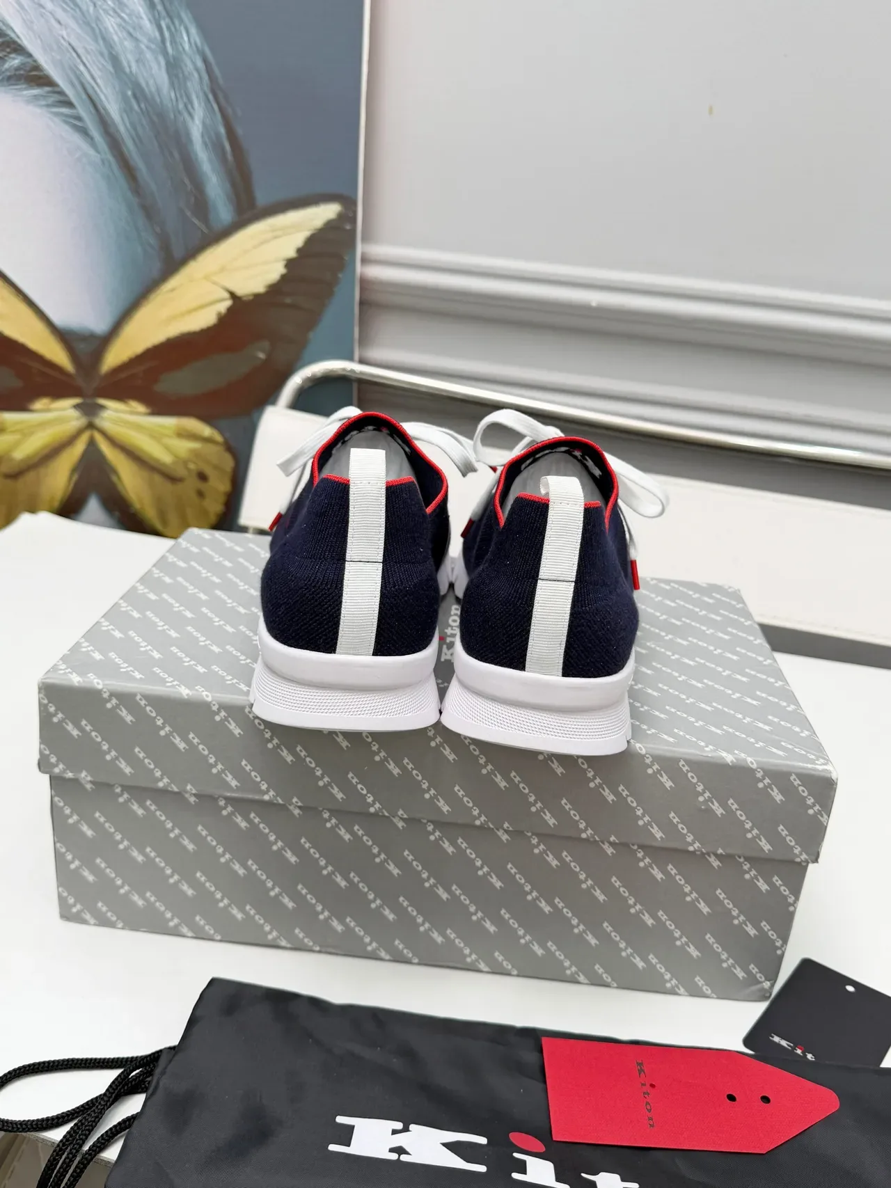 Kiton Navy Red Knit Upper White Sole Sneakers 2