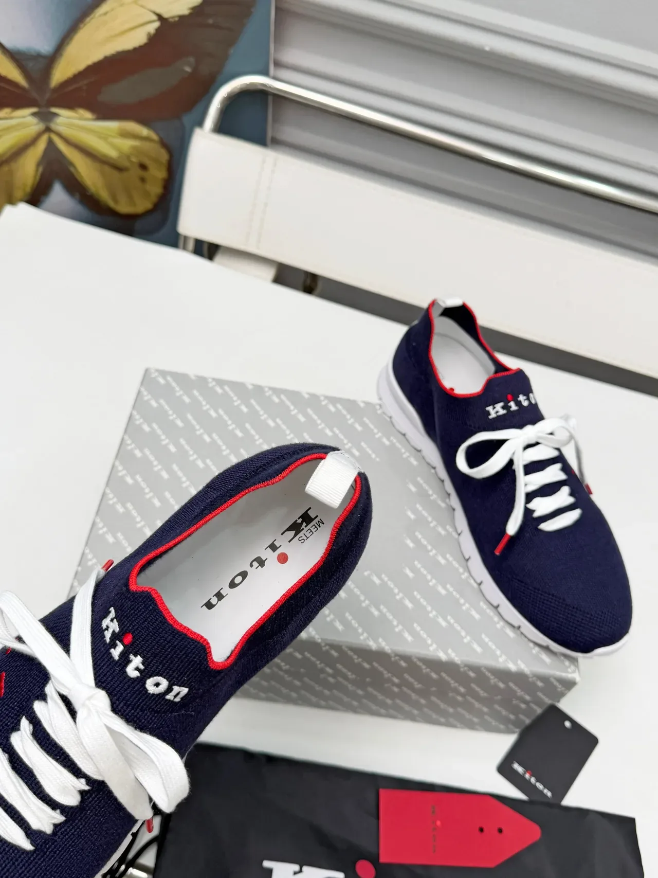 Kiton Navy Red Knit Upper White Sole Sneakers 3