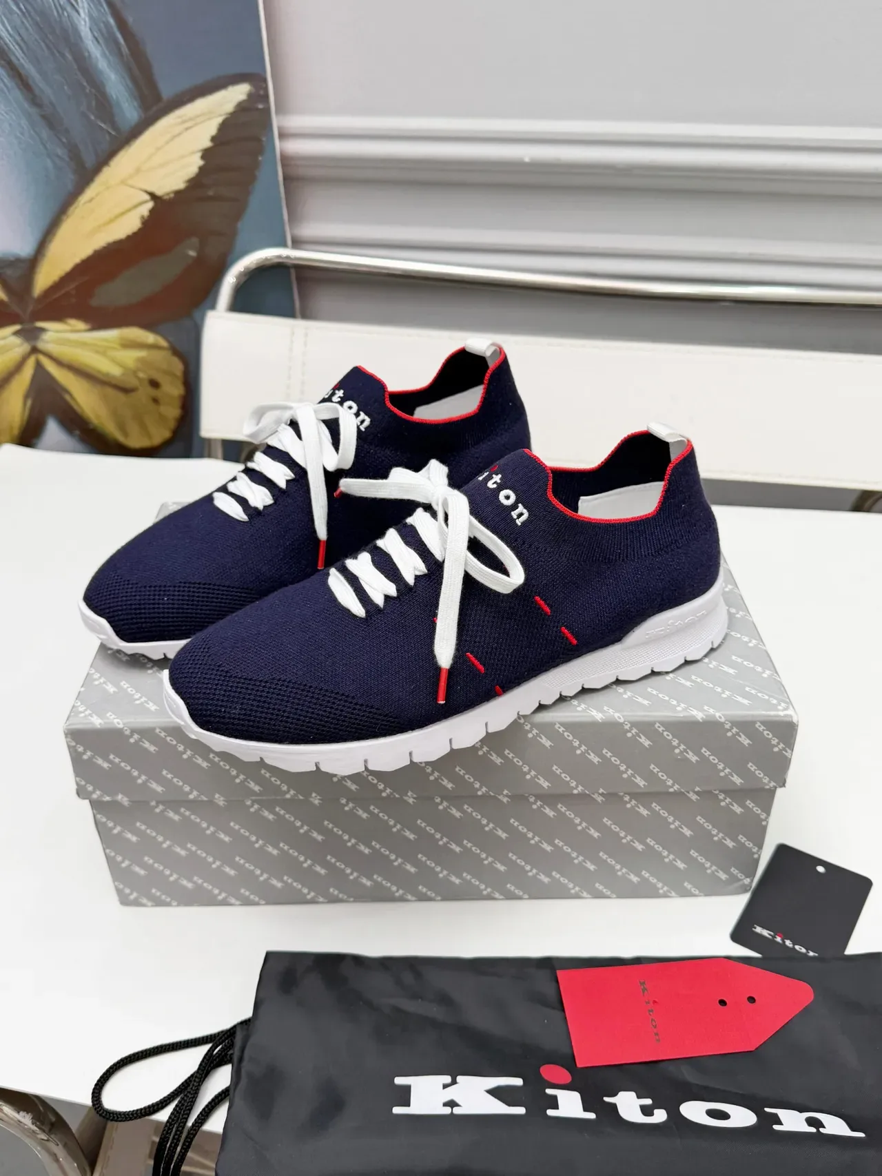 Kiton Navy Red Knit Upper White Sole Sneakers 4
