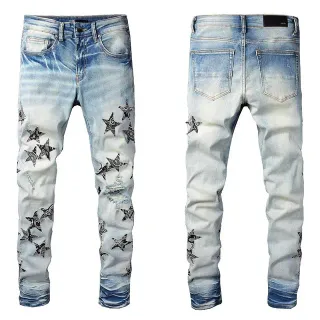 Light-Wash Distressed Star-Print Slim-Fit Jeans