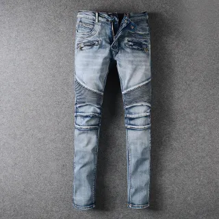 Light-Wash Distressed Zip-Pocket Moto Slim-Fit Jeans
