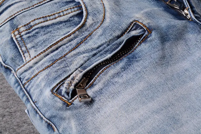 Light-Wash Distressed Zip-Pocket Moto Slim-Fit Jeans 11