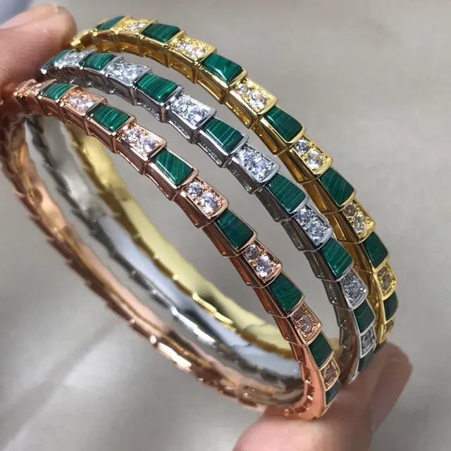 Malachite and Crystal Inlay Tricolor Metal Segmented Bangle Bracelets 3