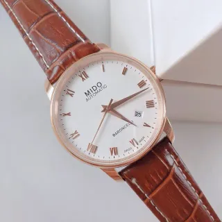 Mido Baroncelli White Dial Rose Gold Tone Brown Leather Mechanical Watch