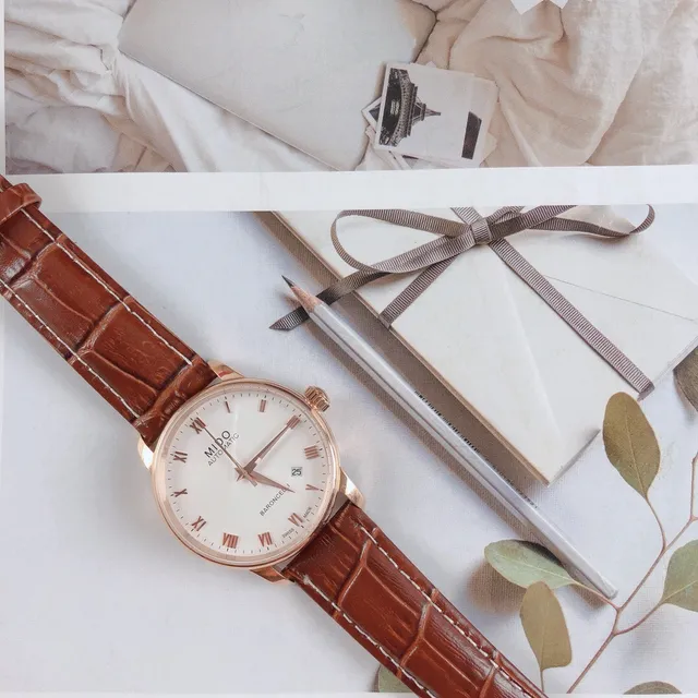 Mido Baroncelli White Dial Rose Gold Tone Brown Leather Mechanical Watch 5